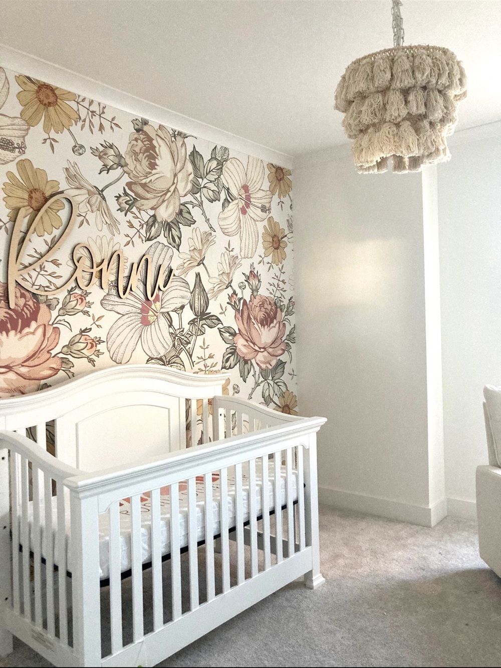Floral Nursery Wallpaper Mural in Cream and Pink
